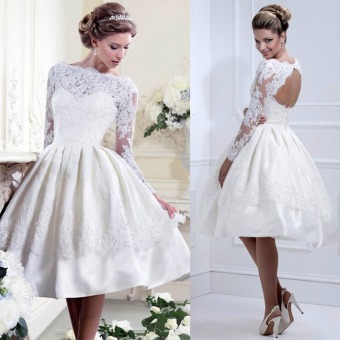 Elegant Long Sleeve White Lace Bride Banquet Dress Short Prom Dress Cocktail Party Dresses - intl  