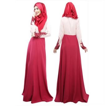 Elegant Muslim Women Lace Sleeves Skirt Slim Long Dress Baju Kurung Arab Loose-fitting Ramadan Clothing Wear Red - intl  