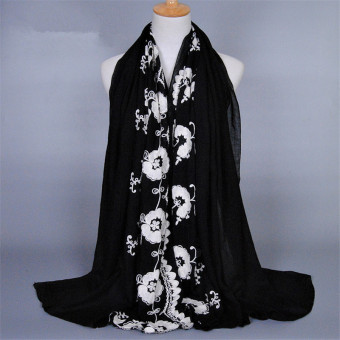 Embroidery Flower Cotton Prayer Hijab Sarong Scarf Turkish Hijab (Black) - Intl  