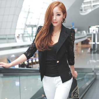 EOZY 2016 FASHION Women Hollow Out Lace Leisure Single Breasted Blazers Korean Style All-match Female Slim Suit Jackets Outwear Coats Tops (Black)  