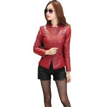 EOZY Korean Style Women Synthetic Leather Motorcycle Jacket All-match Ladies Casual Long Sleeve Zipper Outerwear Coat Size M/L/XL/2XL/3XL (Wine Red) - intl  