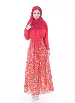 EOZY NEW Women Lady Girl Muslim Wear Muslem Dresses Islam Style Female Muslim Chiffon One-piece Dresses Size L/XL (Red)  