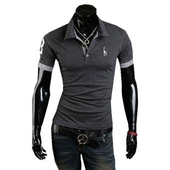 Essential Polo Collar Paneled Slim Letter Stripe Embroidery Short-Sleeves Man Cotton Tee Shirt (Dark Grey)  