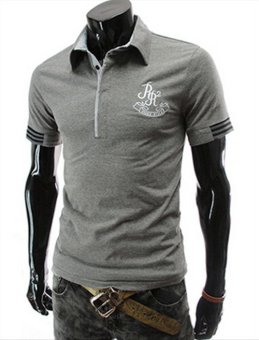 Essential Polo Collar PaneledÂ  Slim Fit Letter Stripe Long Sleeve Men Cotton Tee Shirt (Grey)  