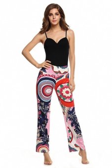 ETOP Fashion Women Elastic High Waist Print Stretch Loose Full Length Straight Pants M-XL (Multicolor) - Intl  