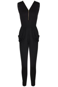 ETOP Women Sleeveless V-Neck Zipper Slim Solid Long Pleated Jumpsuit S-XL (Black)  