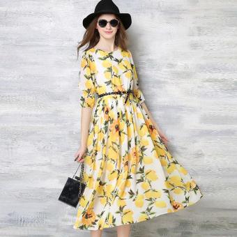 Europe and the United States printed floral dress with belt - intl  