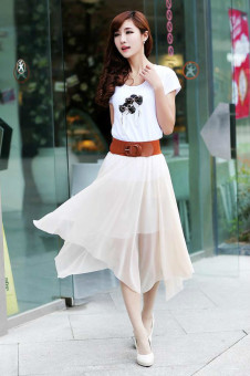 Fairy Bohemia Chiffon Bifurcation 2 in 1 with Adornment Waistband Midi Skirts(Color:White) - intl  