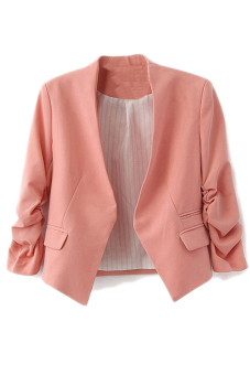 Fancyqube NEW Chic Basic Solid Color Fashion Women 3/4 Sleeve Pockets None Button Woman Slim Short Suit Jacket Pink  