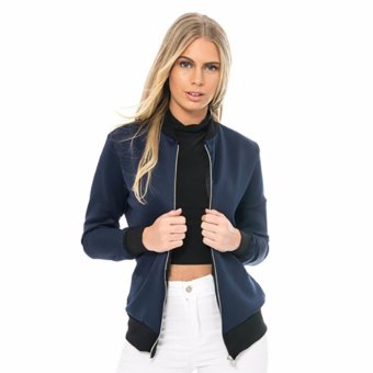 Fancyqube Winter Women Coat Cotton Padded Long Sleeves Jacket Slim Outwear Solid O Neck Fashion Simple Navy - intl  