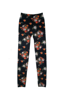 Fang Fang Ladies Rose Flower Pattern Leggings Tights Pants (Black)  