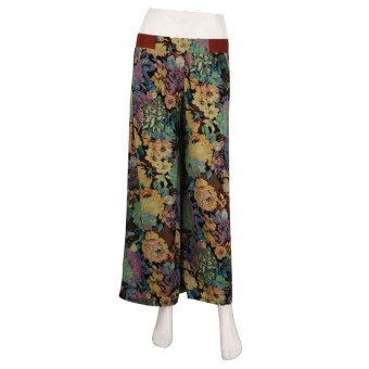 Fashion Cotton Blend Women High Waist Cropped Trousers Thin Ethnic Floral Print Culottes Loose Wide Leg Pants (Green)  