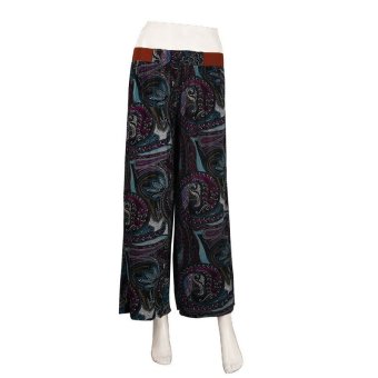 Fashion Cotton Blend Women High Waist Cropped Trousers Thin Ethnic Floral Print Culottes Loose Wide Leg Pants (Purple)  