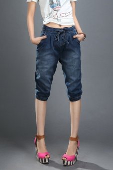 Fashion Elastic Denim Middle Pants Women Loose High Waist Harem Pants(dark blue)  