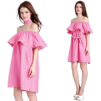 Fashion Flounced Skirt Lotus Off Shoulder Dress Loose Pink - intl  