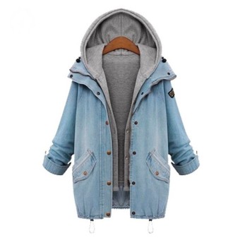 Fashion Hooded Drawstring Denim Jeans Oversized Jacket Swish Pockets Two Piece Outerwear Women Long Sleeve Buttons Basic Coats - intl  