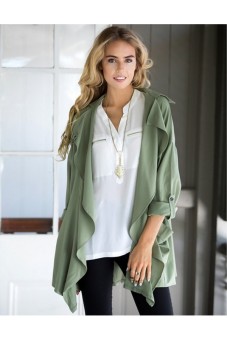 Fashion Ladies Women Long Sleeve Drawstring Waist Front Open Casual Wind Trench Coat Green (EXPORT) (Intl)  