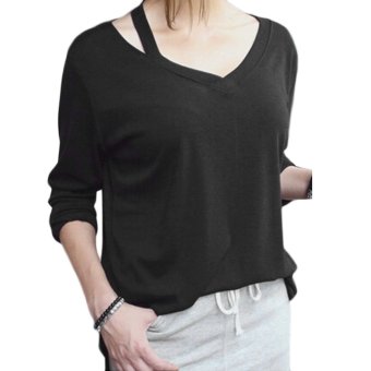 Fashion Ladies Women Plus Size Asymmetric Collar Long Sleeve Loose Casual Long Tops Blouse-black-M  