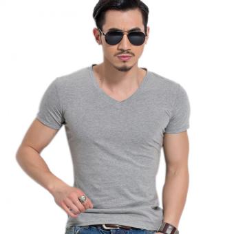 Fashion Men V Neck Muscle Short Sleeve Slim Fit Shirts T-shirt Fitness Tops Tees Gray  