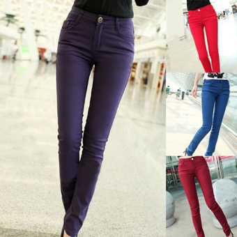 Fashion Mid Waist Sexy Candy Color Skinny Women's Pants(Purple) - intl  