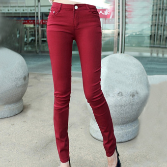 Fashion Mid Waist Sexy Candy Color Skinny Women's Pants(Wine) - intl  