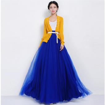 Fashion New High Waist Mesh Pleated Skirts A-Line Long Skirts with Belt (Blue) - intl  