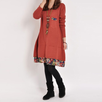 Fashion New Women Floral Hem Loose Casual Round Neck Long Sleeve Cotton Dress Red  