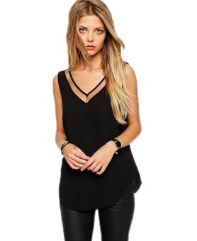 Fashion Sexy Women's V Neck Sleeveless Chiffon Casual Slim Top Tee T Shirt Vest (Black)  