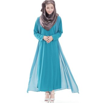 Fashion Solid Diamond cotton Muslim Long Dresses(Sky blue)  