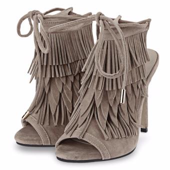 Fashion Tassel Decoration Open Toe Lace Up Ladies Thin High Heel Shoes(APRICOT) - intl  