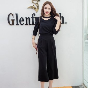 Fashion Two Pieces Elegant Slim Hollow Neckline T-shirt Coat + Thin Temperament 9 Wide Leg Pants(Black) - intl  