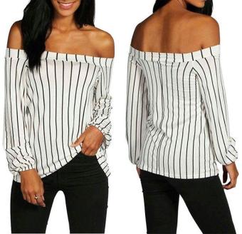 Fashion Women Black n White Stripes Off Shoulder / Baju Sabrina  