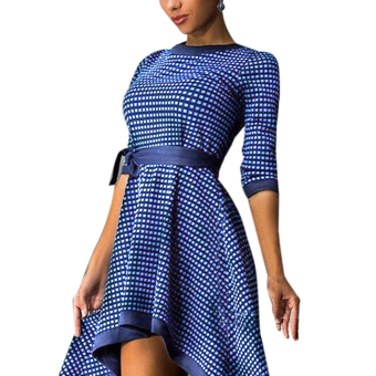 Fashion Women Casual OL Irregular Printed Plaid Dress (Blue) - intl  