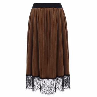 Fashion Women Elastic Waist Lace Patchwork Pleated A-Line Midi Skirt (Brown) - intl  