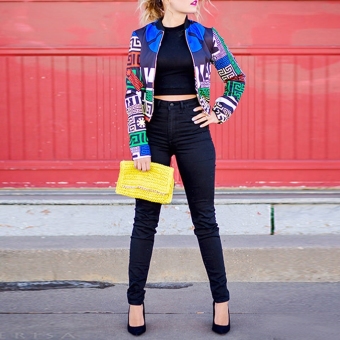Fashion Women Multicolor Long Sleeve Geometric Print Zip-Up Crop Jacket - intl  