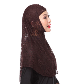 Fashion Women Muslim Two Piece Set Lace Full Cover Hijab Scarf - Coffee - intl  