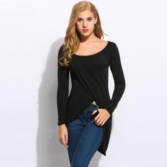 Fashion Women O-Neck Long Sleeve Cross Front Asymmetrical Hem Solid Blouse (Black) - intl  