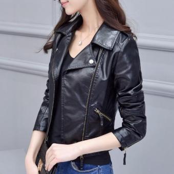 Fashion Women Slim Fit PU Leather Jacket Female Short Style Mandarin Collar Locomotive Leather Coat-Black - intl  