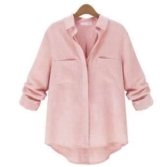 Fashion Womens Button Down Collar Loose Linen Shirt Long Sleeve Blouse Top Pink  