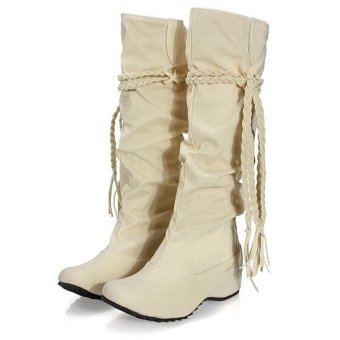 Fashion Womens Lady Mid Calf Suede Tassels Winter Warm Boots Flat Shoes Beige - intl  