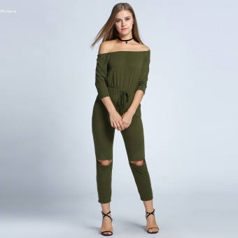 Fashion Women's Off Shoulder 3/4 Sleeve Slim Open Knee Jumpsuit (Army Green) - intl  
