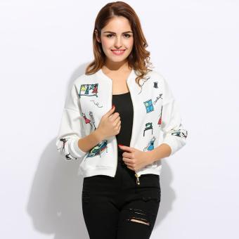 Fashion Women\'s Stand Collar Drop-Shoulder Sleeve Zip Up Print Short Bomber Jacket - intl  