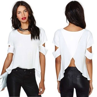 Fashionable Women's Short sleeve Falbala Shirt Casual chiffon Blouse Tops-white-XL  