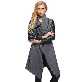 Finejo Women Lapel Long Sleeve Zip-up Faux Leather Patchwork Irregular Hem Wool Blend Coat Outwear (Grey) - intl  
