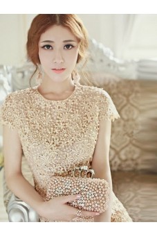 Floral Crochet Lace Pearl Beaded Bridesmaid Party Dress Beige (EXPORT) - Intl  