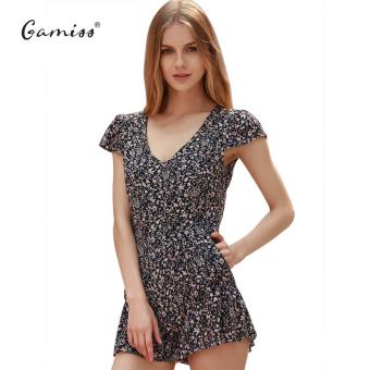 Gamiss Woman Mini Jumpsuit Jumpsuit Bohemian Floral Printing Slim Style V-neck And Ruffles Design(Blue) - intl  