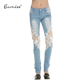 Gamiss Women Light-Colored Jeans Side Lace Stitching Denim Trousers(Light blue) - intl  
