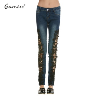 Gamiss Women Street Fashion Slim Jeans Lace Pants Woman Long Lace Jeans(Dark blue) - intl  