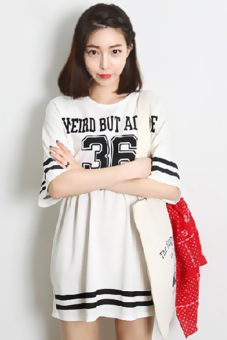 GE Fashion Women's Round Collar Half Sleeve Letters Print Loose Fitting Casual Mini Dress M (White)  