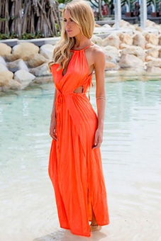 GE Women Bandage V-Neck Beach Sundress Long Dress S-L (Orange)  